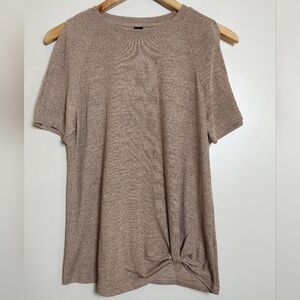 SHEIN Heather Tan Tie Front Relaxed Open Shoulder Short Sleeve Knit Top